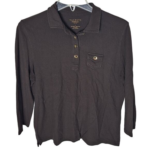 Talbots Women Large Brown Collared 1/4 Button Front Y2K Long Sleeve Top - Picture 1 of 4
